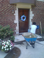 Tuckpoint stone veener around door frame